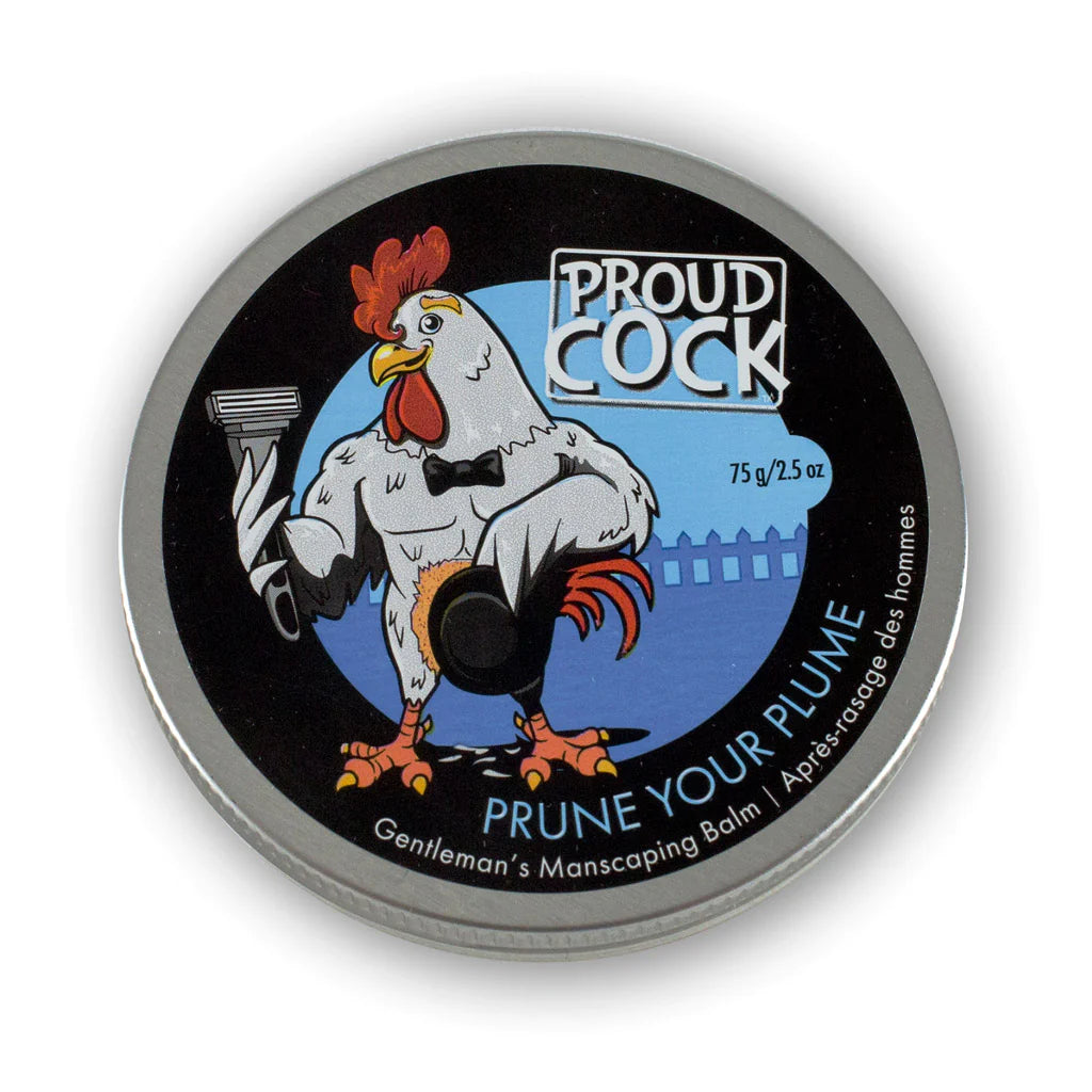 men's manscaping balm with rooster on lid called Proud Cock - Prune Your Plume