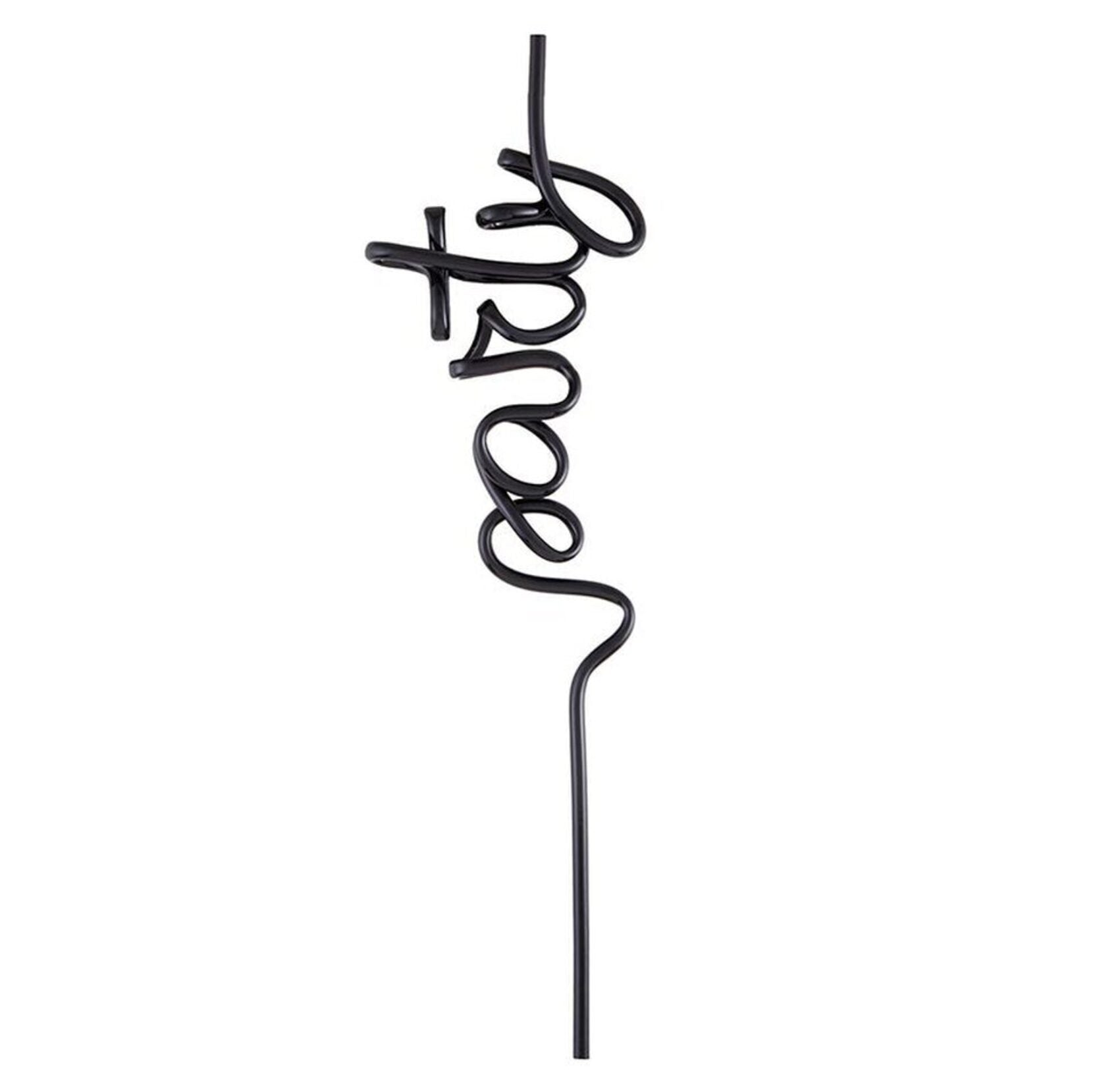 black party word straw in cursive