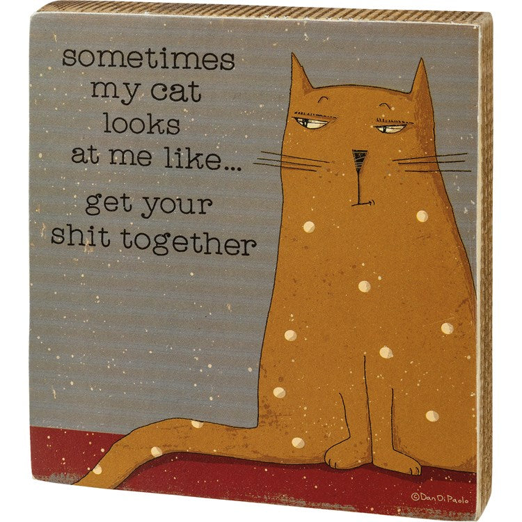 "sometimes my at looks at me like... get your sh#t together" small wood plaque with picture of cat 