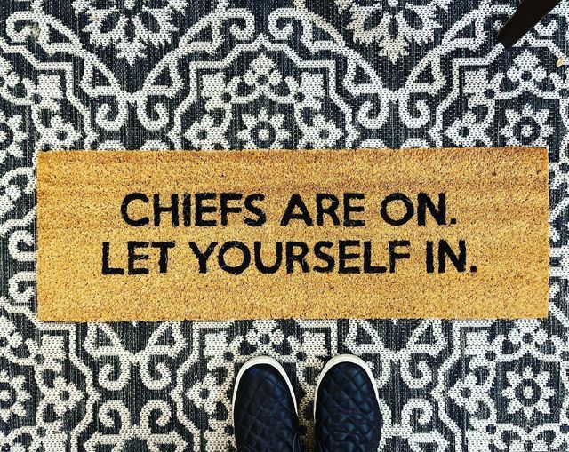 "Chiefs Are On. Let Yourself In." Coir fiber doormat with black lettering