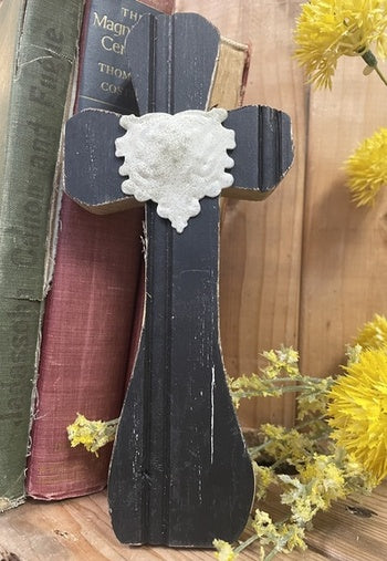 Distressed Black wooden Cross w/ White Floral Accent
