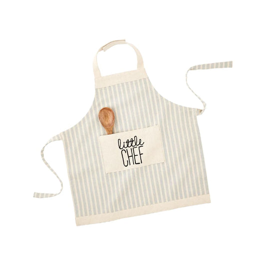 "little chef" baby blue and white grainsack apron and wooden spoon set