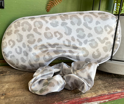 "cat nap" grey and white leopard silky satin eye mask and scrunchie set 