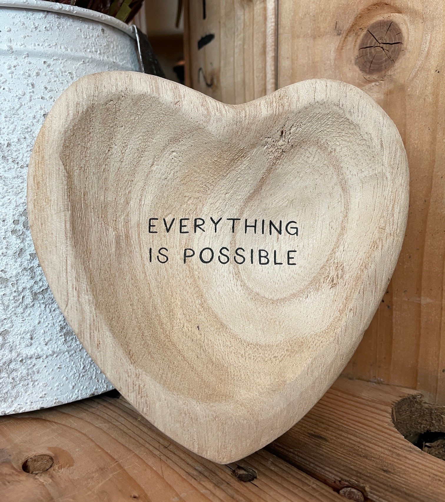everything is possible heart shaped wood trinket tray
