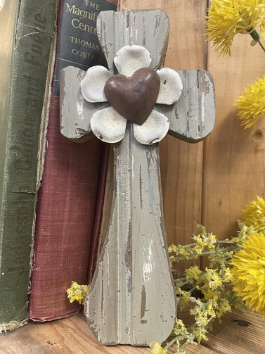 Distressed Grey wooden Cross w/ White Floral & Copper Heart Accent
