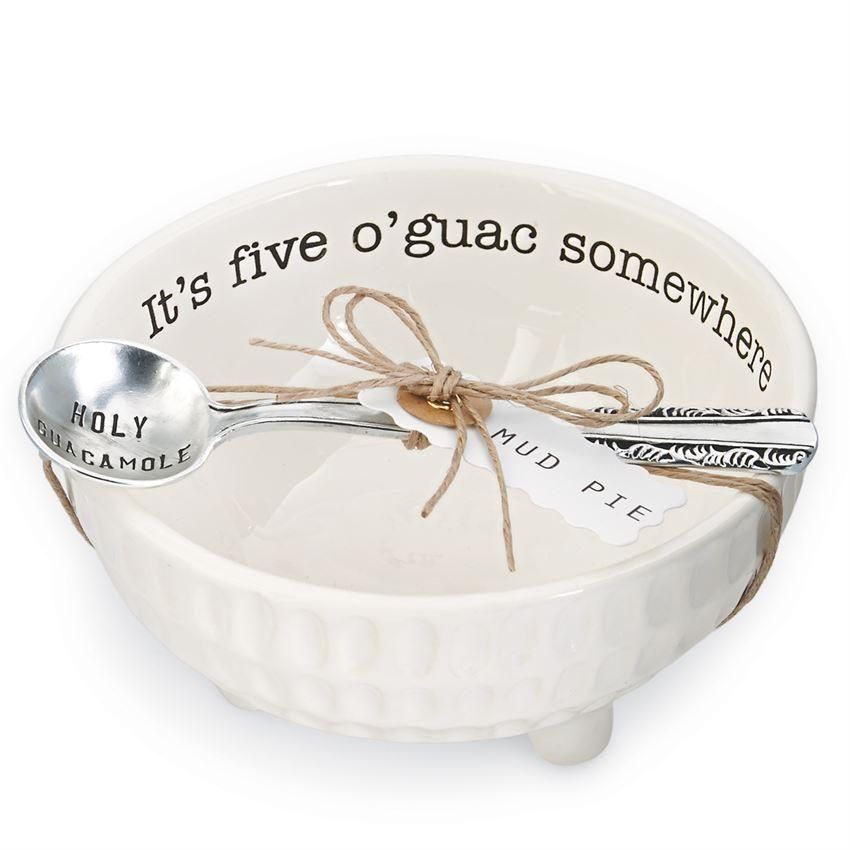 "it's five o'guac somewhere" white ceramic bowl with "Holy Guacamole" silver plated spoon gift set