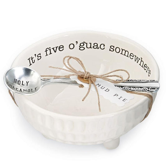 "it's five o'guac somewhere" white ceramic bowl with "Holy Guacamole" silver plated spoon gift set
