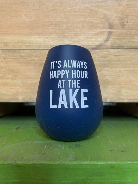 "it's always happy hour at the lake" navy blue silicone stemless wineglass 