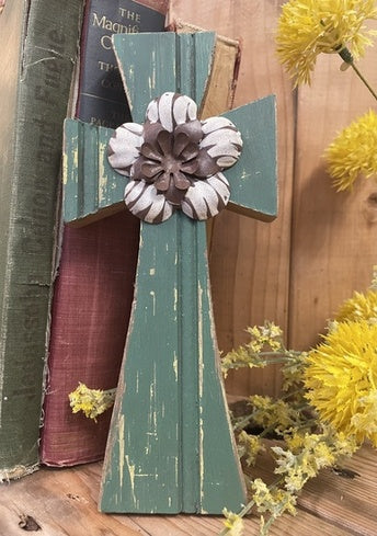 Hunter Green wooden Cross w/ White and Copper Floral Accent