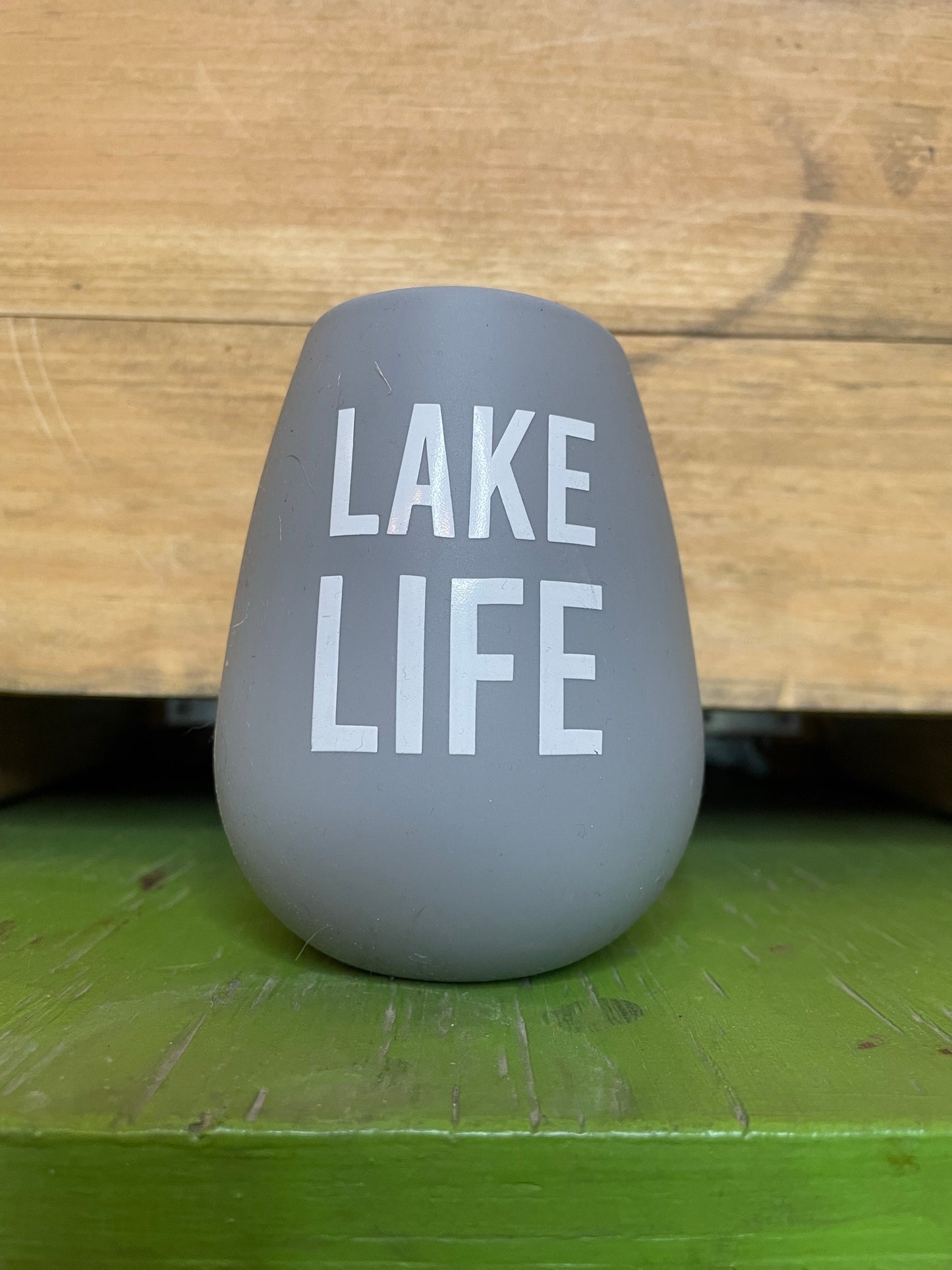 "lake life" grey silicone stemless wineglass 