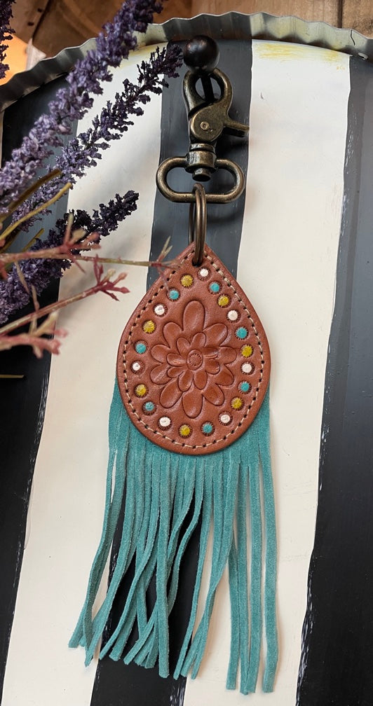 Leather and suede teardrop keychain with polka dots