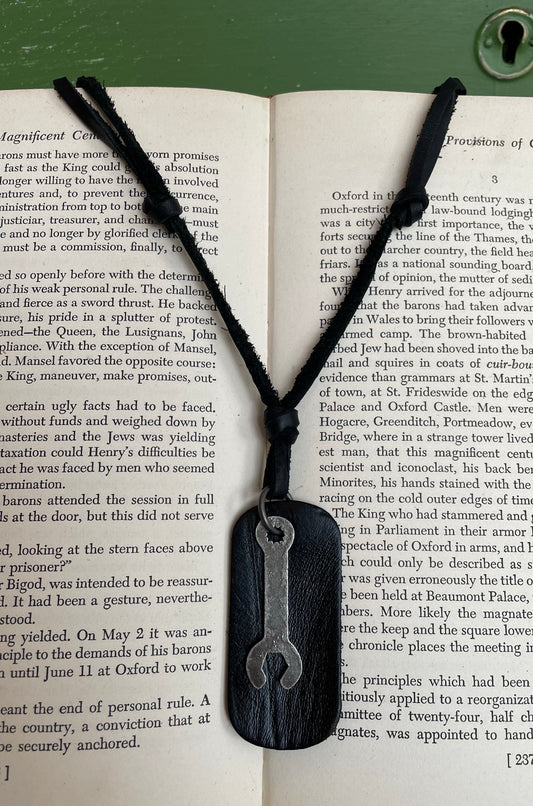 men's leather necklace with leather and wrench charm