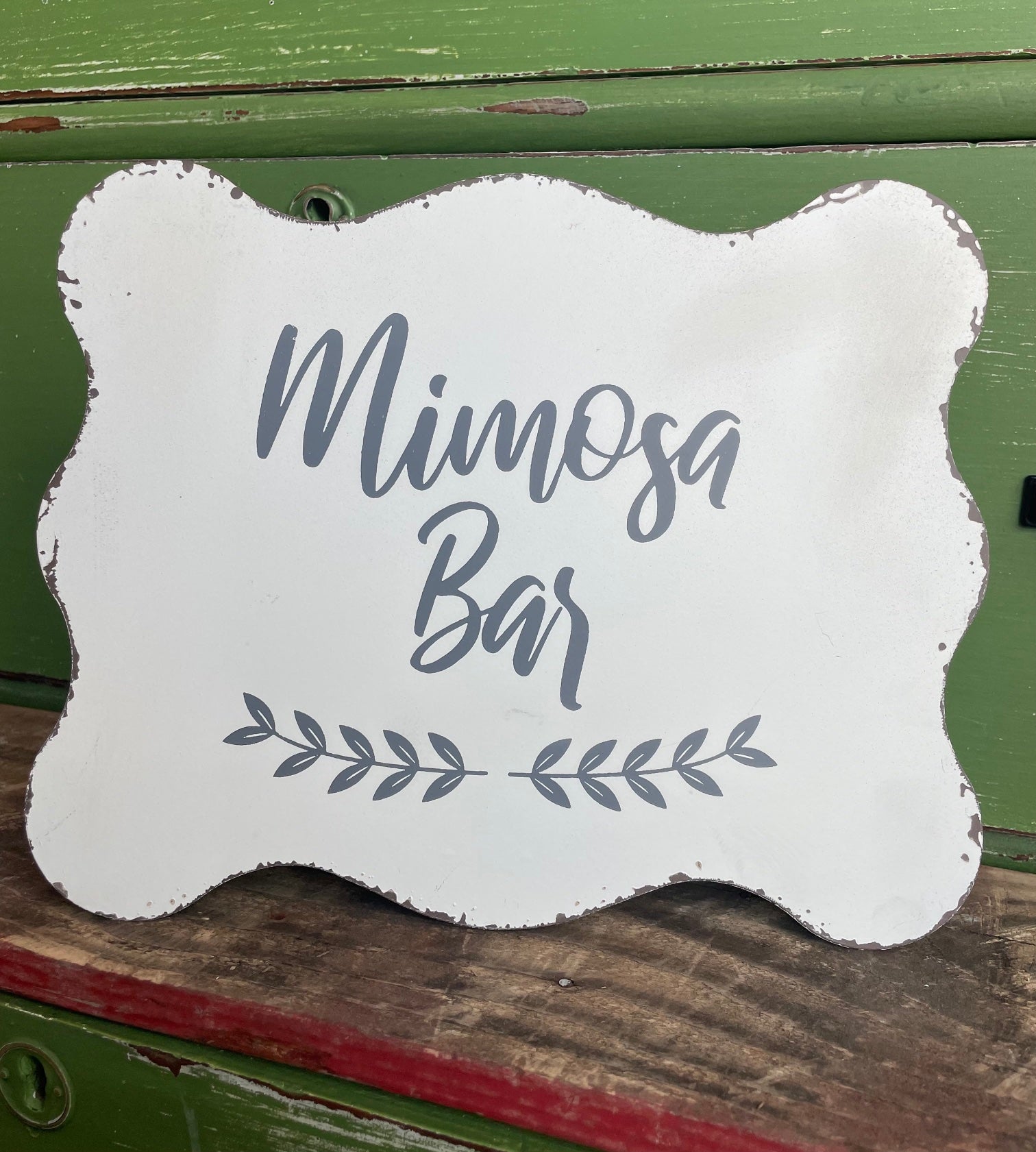 "Mimosa Bar" white and grey metal tabletop sign