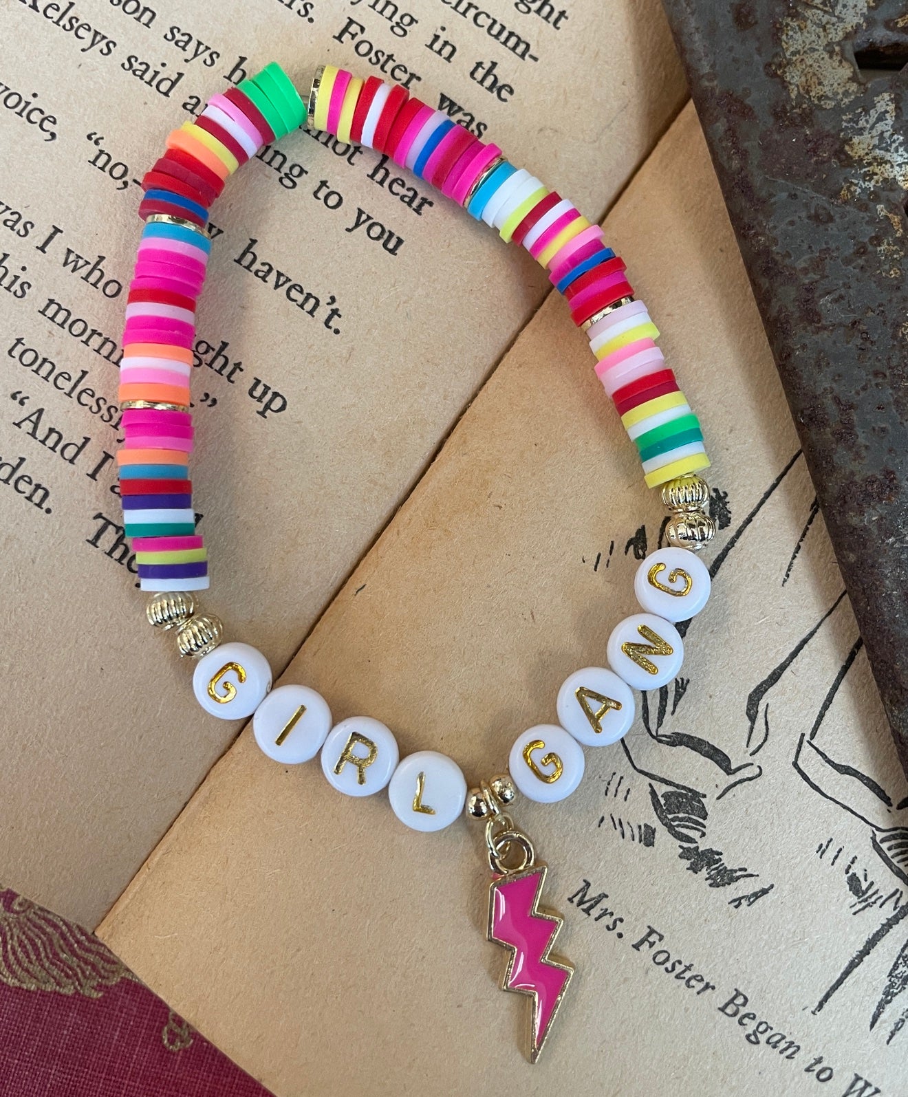 pink rainbow girl gang bracelet with lightening bolt