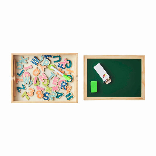 wooden work station for kids including magnet board with magnetic letters and numbers, chalk and chalkboard