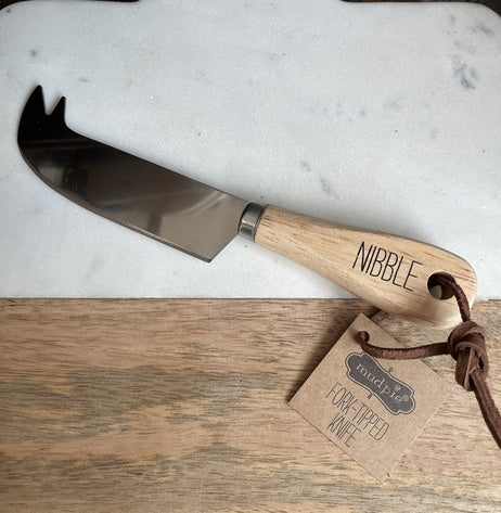 Nibble engraved wood handle fork-tipped knife cheese utensil