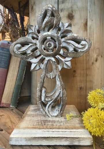 freestanding ornate white washed cross