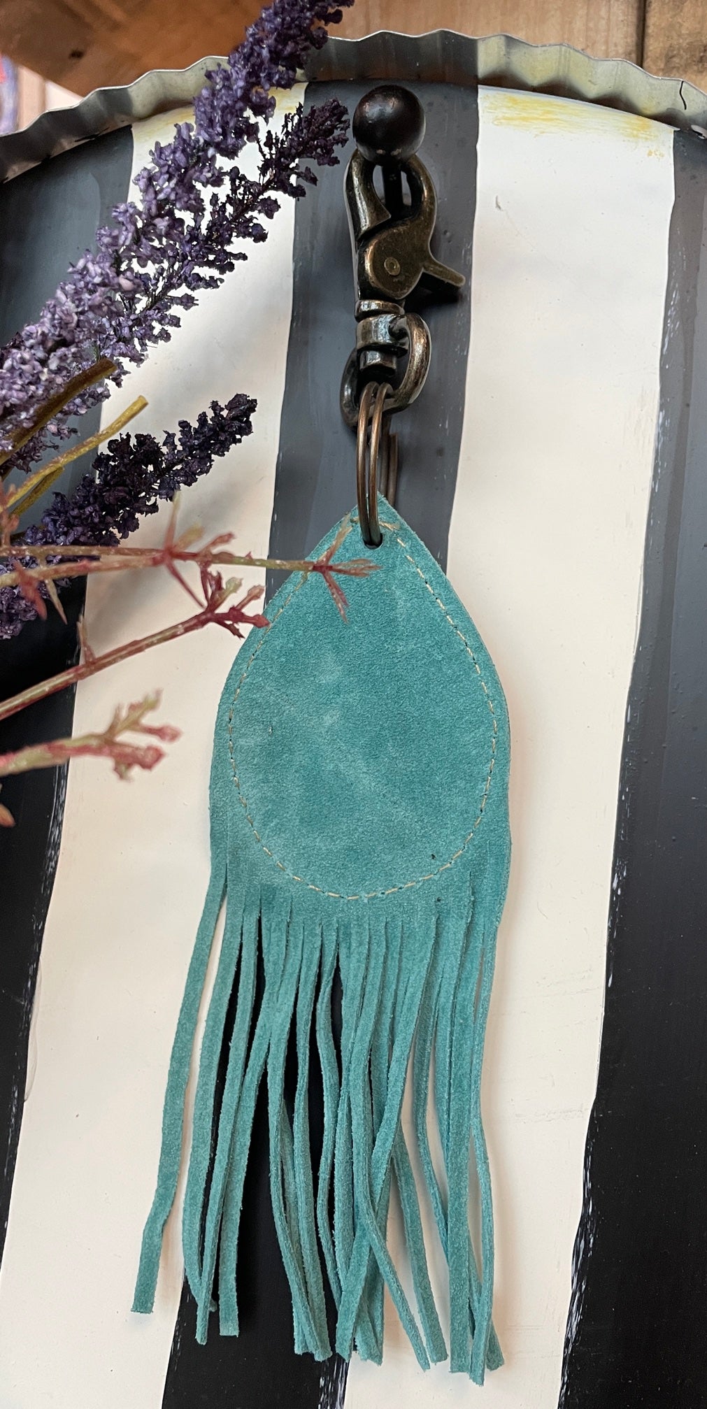 Leather and suede teardrop keychain backside