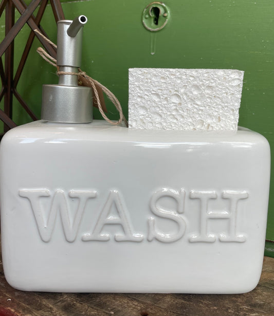 "wash" ceramic soap and sponge caddy
