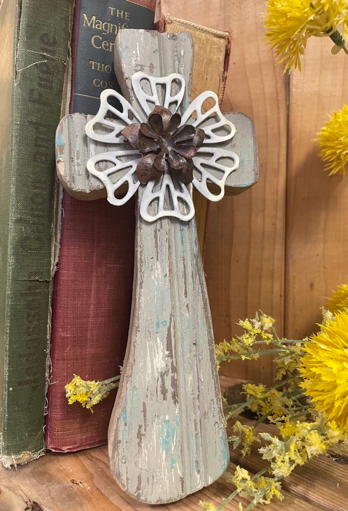 Whitewashed wooden Cross w/ White and Copper Floral Accent