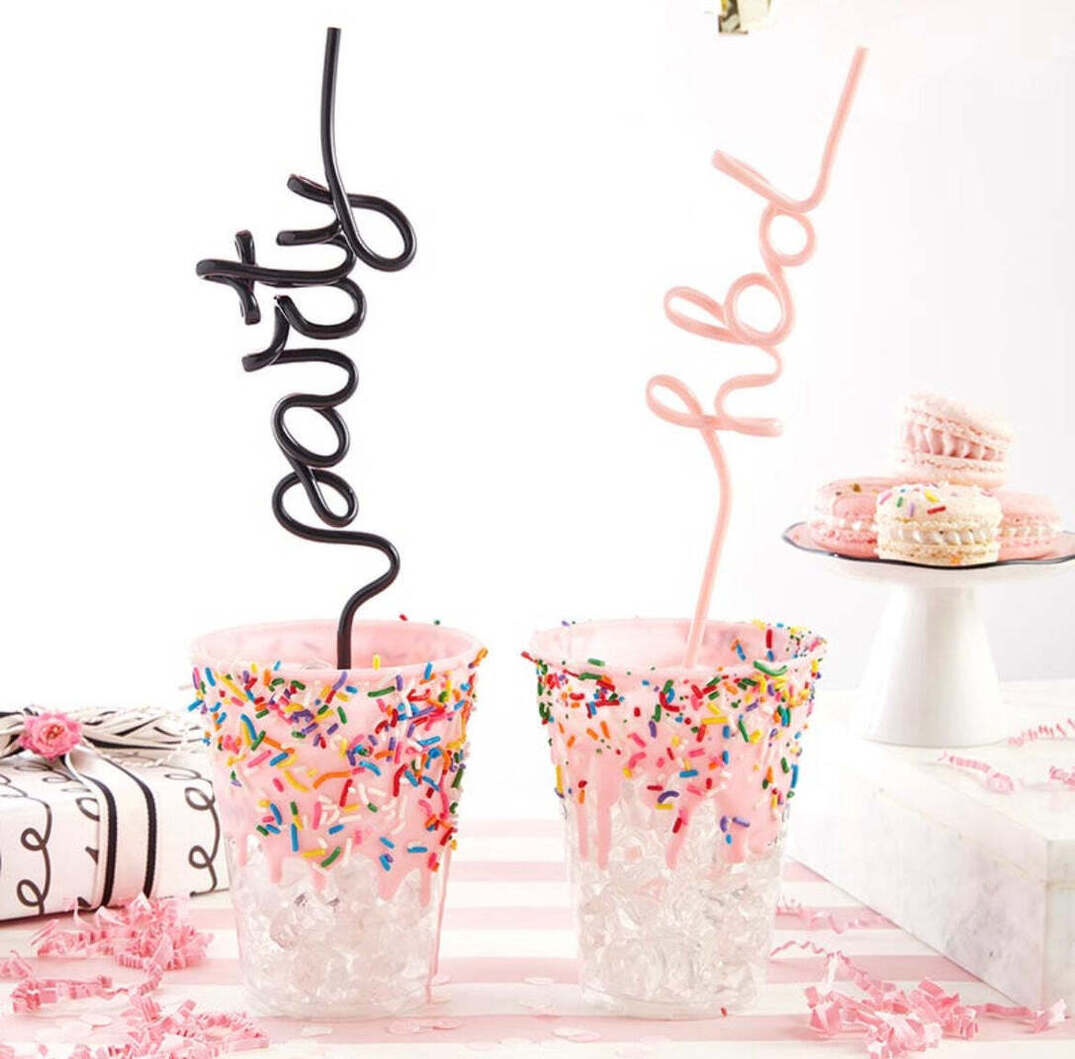 Party and HBD Celebration Word Straws in Sprinkle Cups